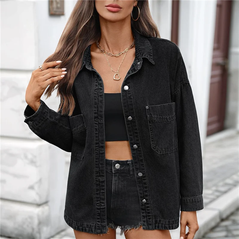 ABYN-Женская джинсовая рубашка большого размера на пуговицах с длинными рукавами, осенние повседневные джинсовые шакеты