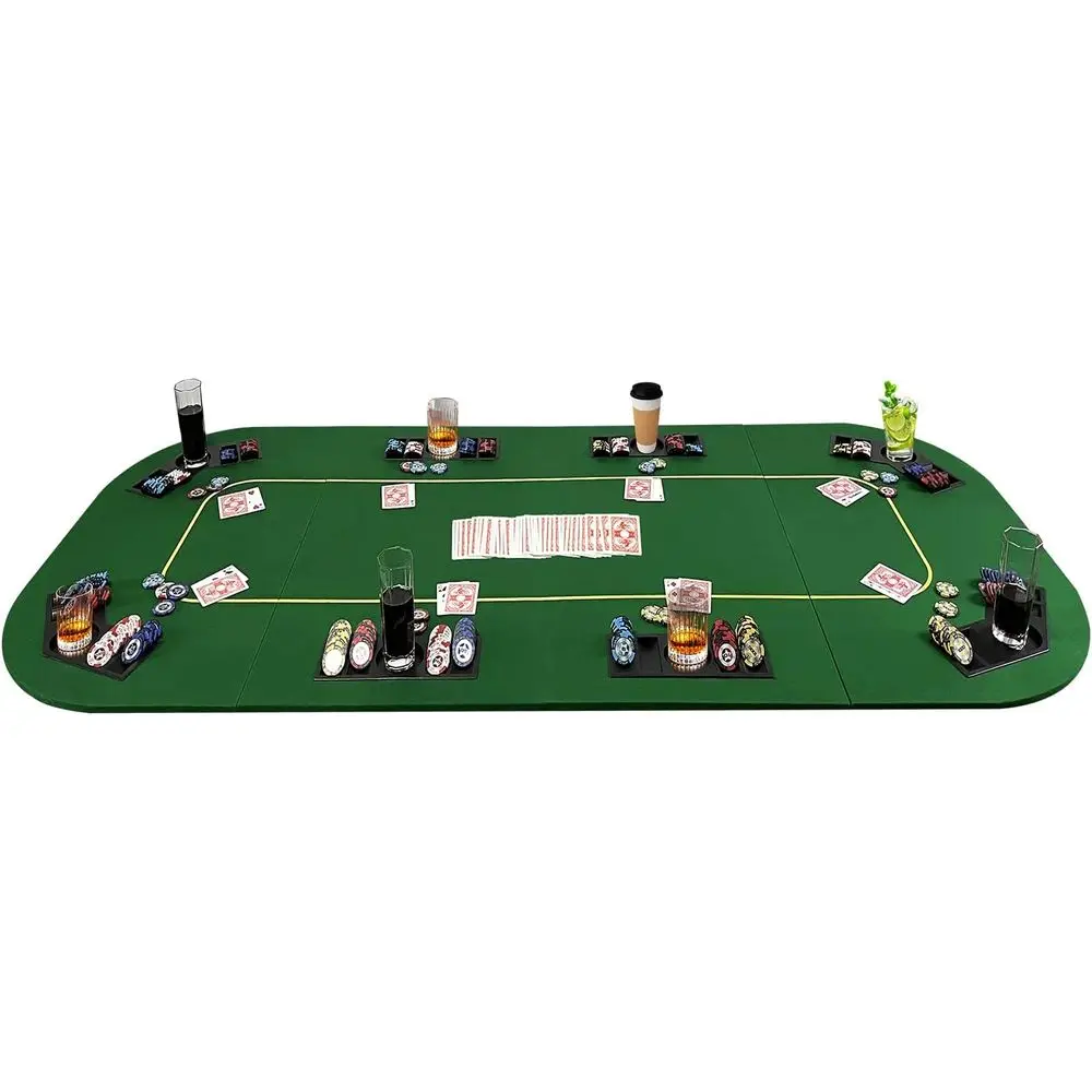 

Зеленая складная столешница для покера 79 x 36 дюймов с лотками для фишек и держателями для стаканов, идеально подходит для техасского холдема и казино-игр, с сумкой для переноски.