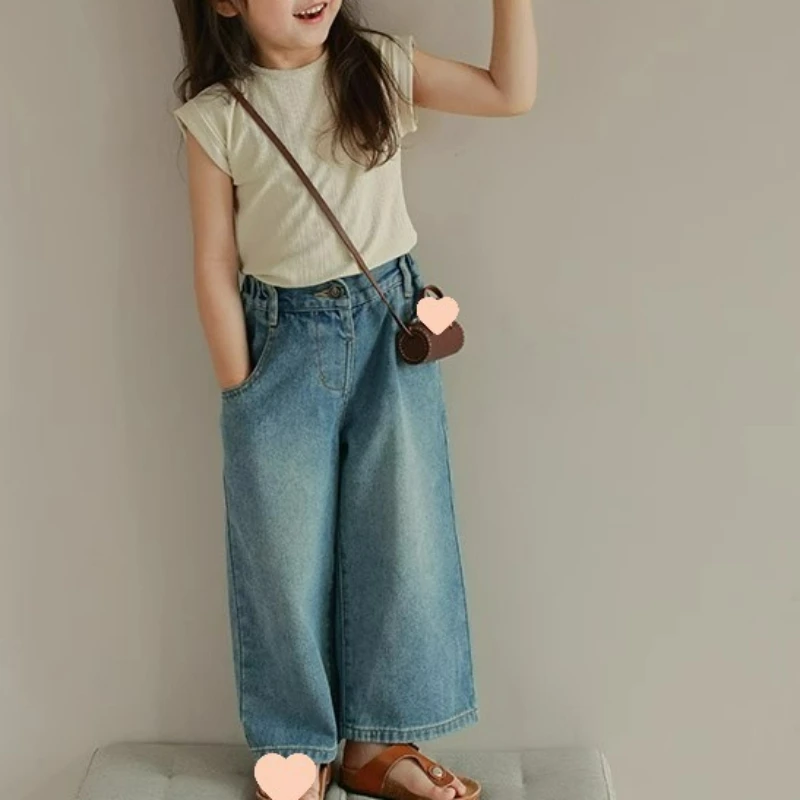 Summer Girls Denim Wide Leg Pants, Loose Fit Multi-Pocket Jeans with Elastic Waistband, Casual Kids Trousers for Little Girls