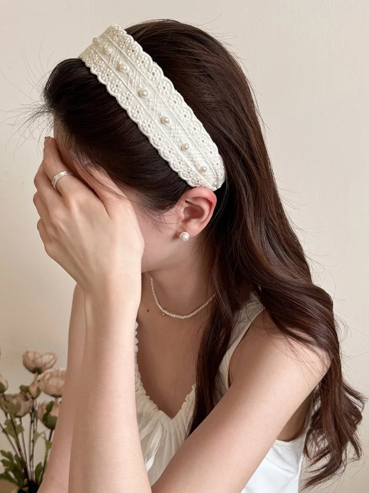 

Korean Sle Sweet Pearl Lace Hairband Women's Daily Outdoor High Hairline Wide Hair Clip Face Waing Hair Accory