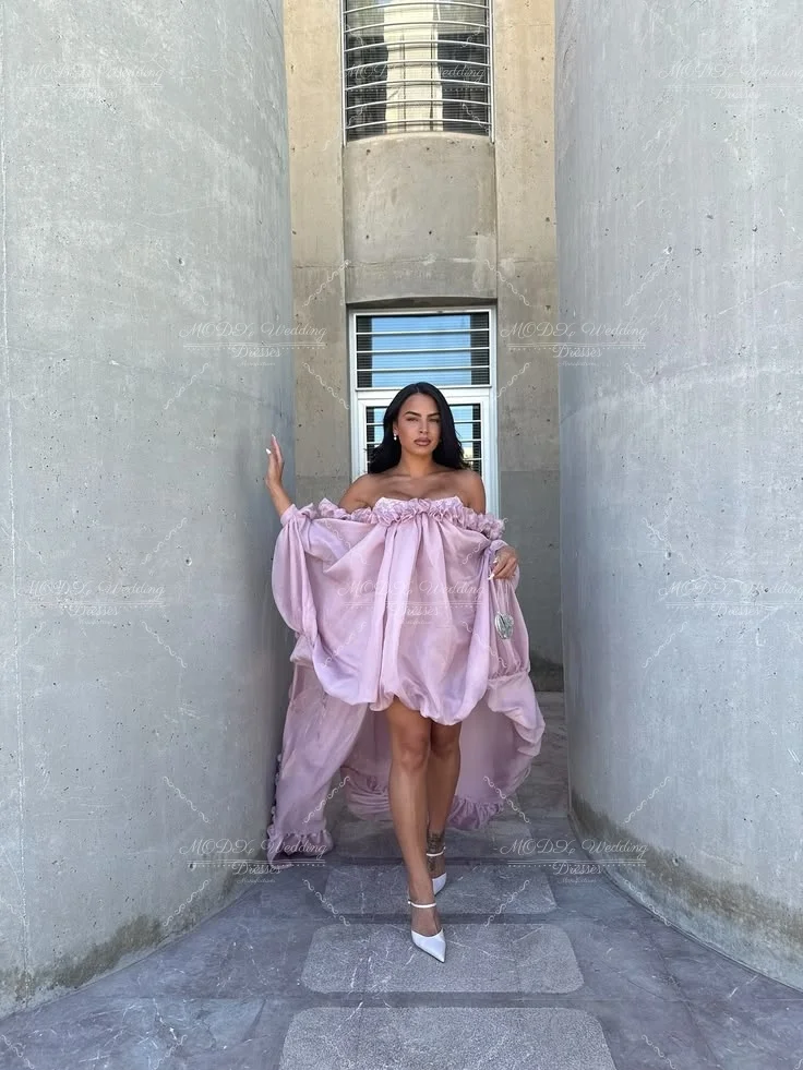 MODX Romantic Pink Off Shoulder Satin High Low Dress With Ruffled Neckline And Long Sleeves Party Prom Evening Gown For Women