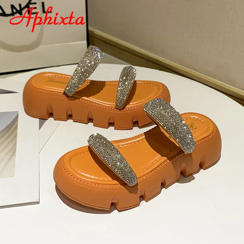 Aphixta 2023 New Summer Flat Platform Orange Slippers Women Sandals Luxury Crystals Shoes 5cm Chunky Sole Cool Slides