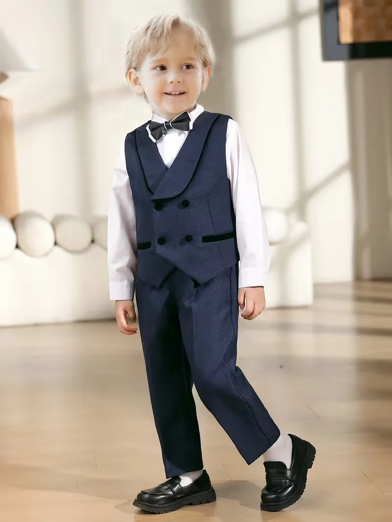 80-150 Kleinkinder Sommer Weste Hemd Hose Fliege Fotografie-Anzug Jungen Hochzeitskleidung Kinder Zeremonie Schuluniform Kostüm