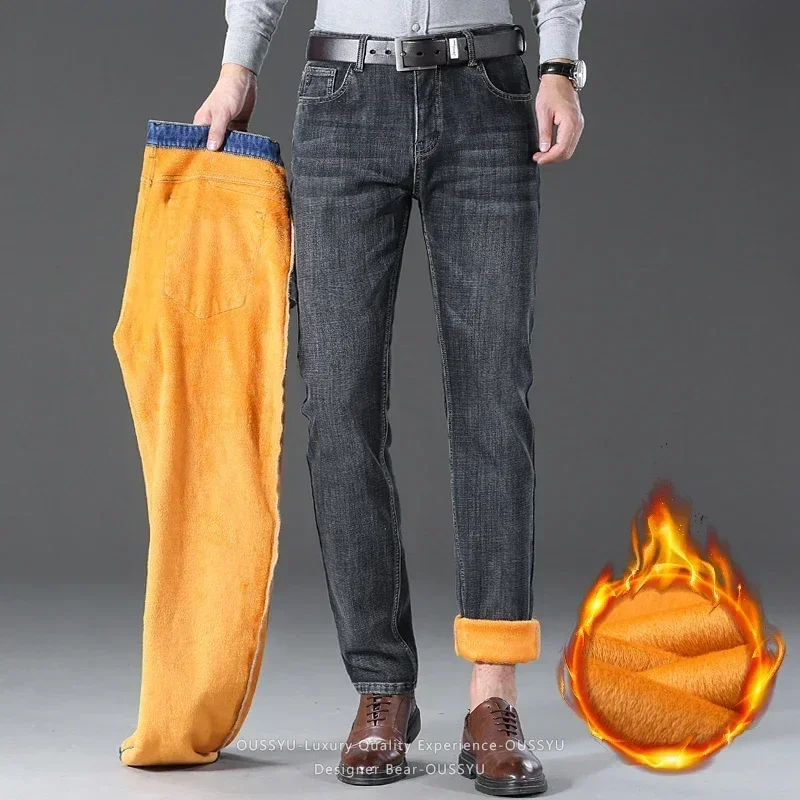 Winter Fleece Warm Distressed Retro Men's Jeans Classic Streetwear Stretch Denim Pants Slim Straight Work Trousers Plus Size 40