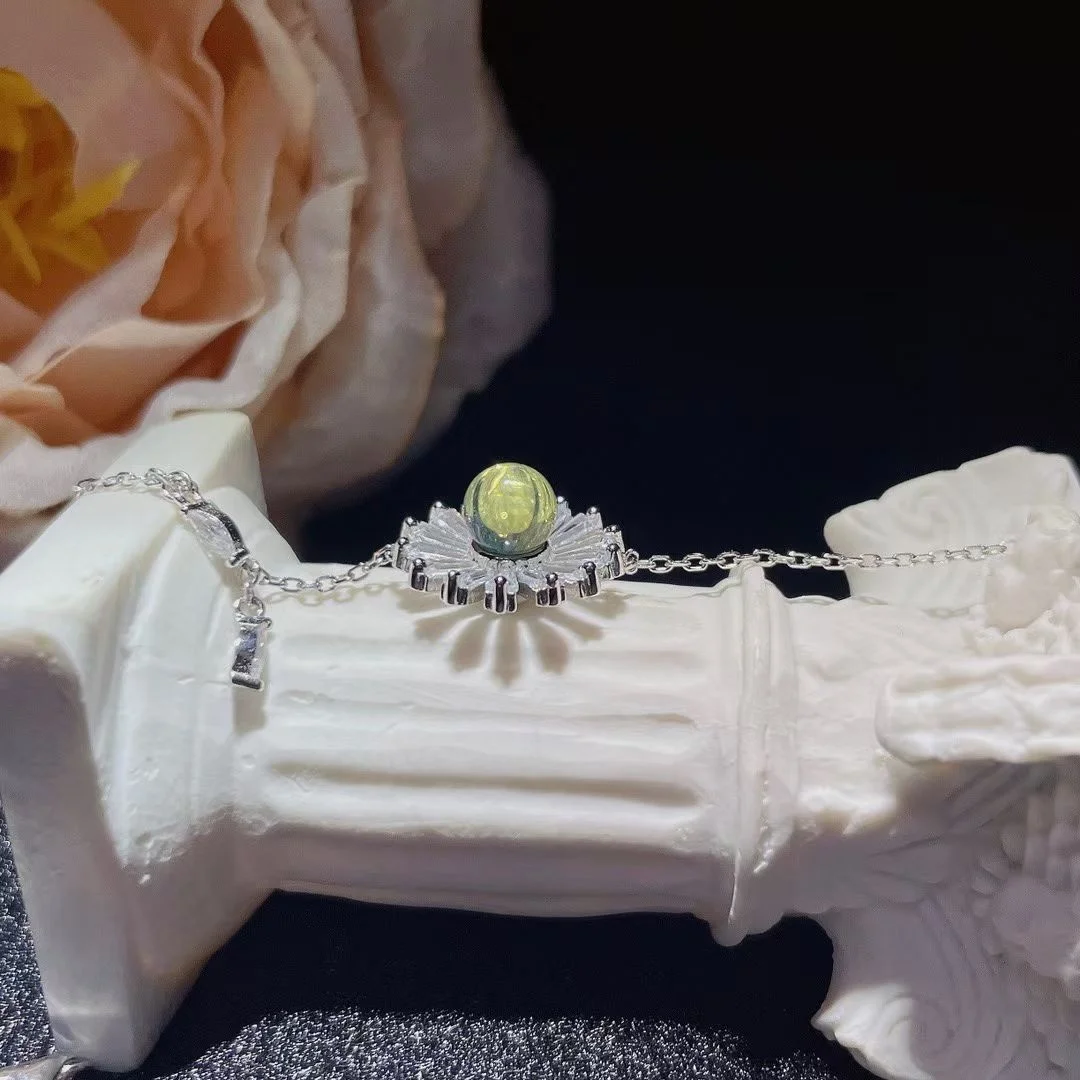 Certificate 925 Silver Round Natural Blue Amber Daisy Link Bracelet With Zircon Halo Flower Chain Bangle Elegant Women Jewelry