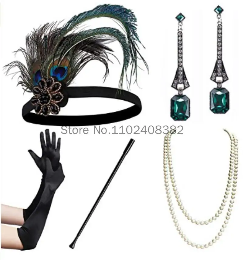 Vintage 1920's Flapper Dress Matching Accessories Set Charleston Costume Green Headpiece Earings Great Gatsby Feather headband