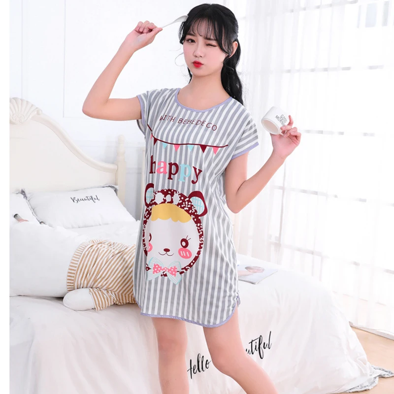 Women Printed Cartoon Sexy Sleepwear Round Neck Lingerie Cute Nightdress One Piece Thin Summer Female Pajamas Nighty Home Wear