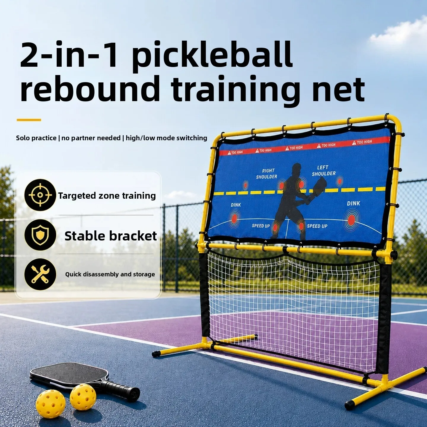 2-in-1 Pickleball Rebound Trainer Net Portable Indoor Outdoor Solo Practice Rebound Net with Target Zones