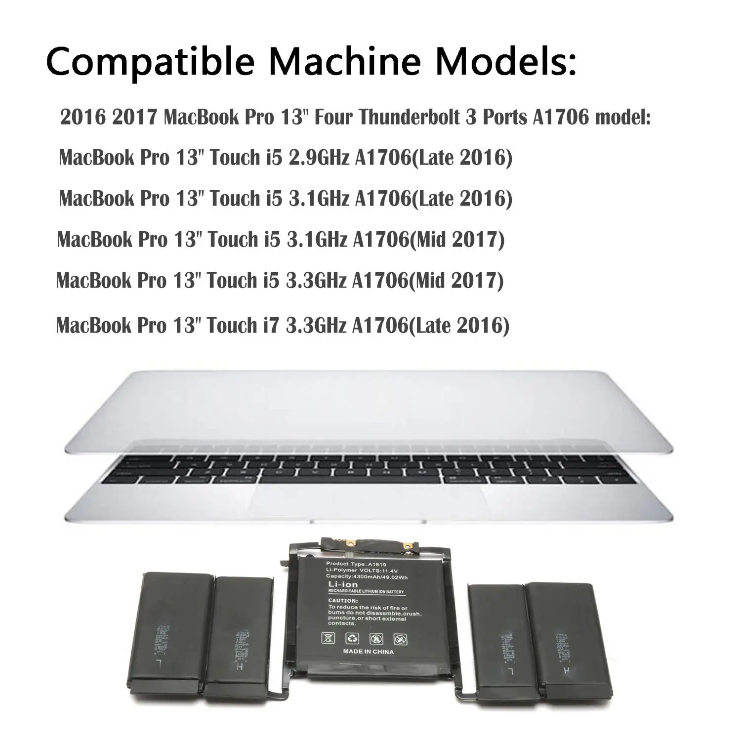 A1819 Laptop Battery for MacBook Pro 13 Inch A1706 Laptop Battery Late 2016 Mid 2017 EMC 3071 EMC 3163 MPXV2LL/A MPXV2LL MLH12LL