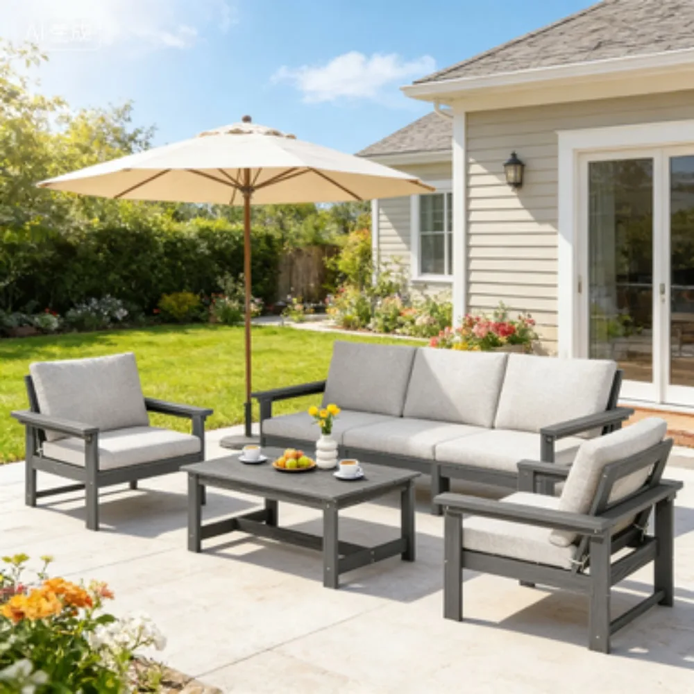 

Комплект для отдыха на открытом воздухе из HDPE, 6 предметов, секционный диван с серым каркасом и подушками цвета хаки, для террасы, газона, сада, доставка из США