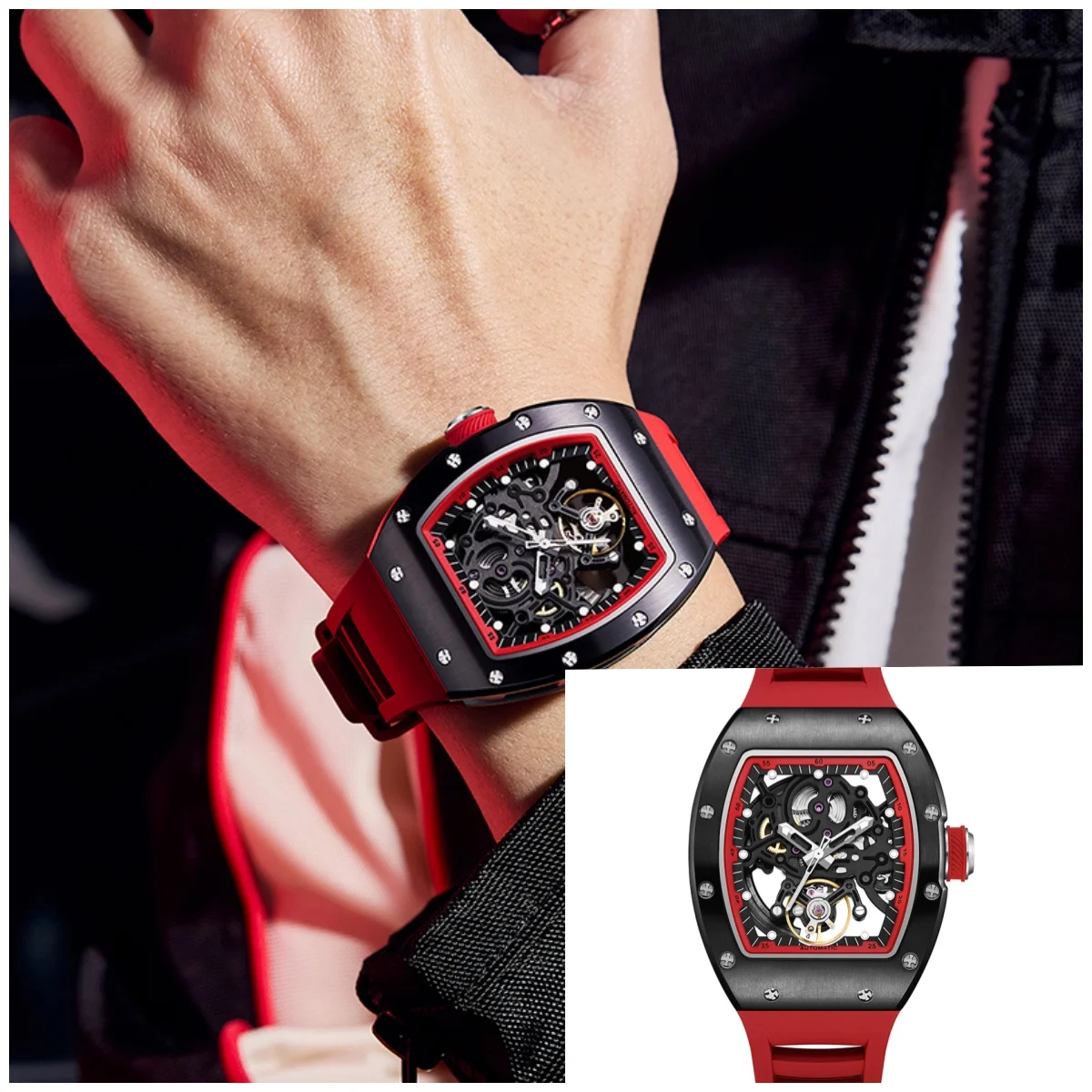 High Quality Men's Mechanical Watch Automatic Movement Black-Warrior Hollow Design Waterproof Rubber Band-Fashionable Reloj