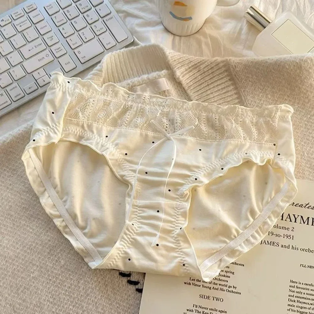 

Fashion Mid-waist Underwear Women Dots Patchwork Cotton Bow Briefs Underpants Ruffle Lace Mesh Underwear Summer