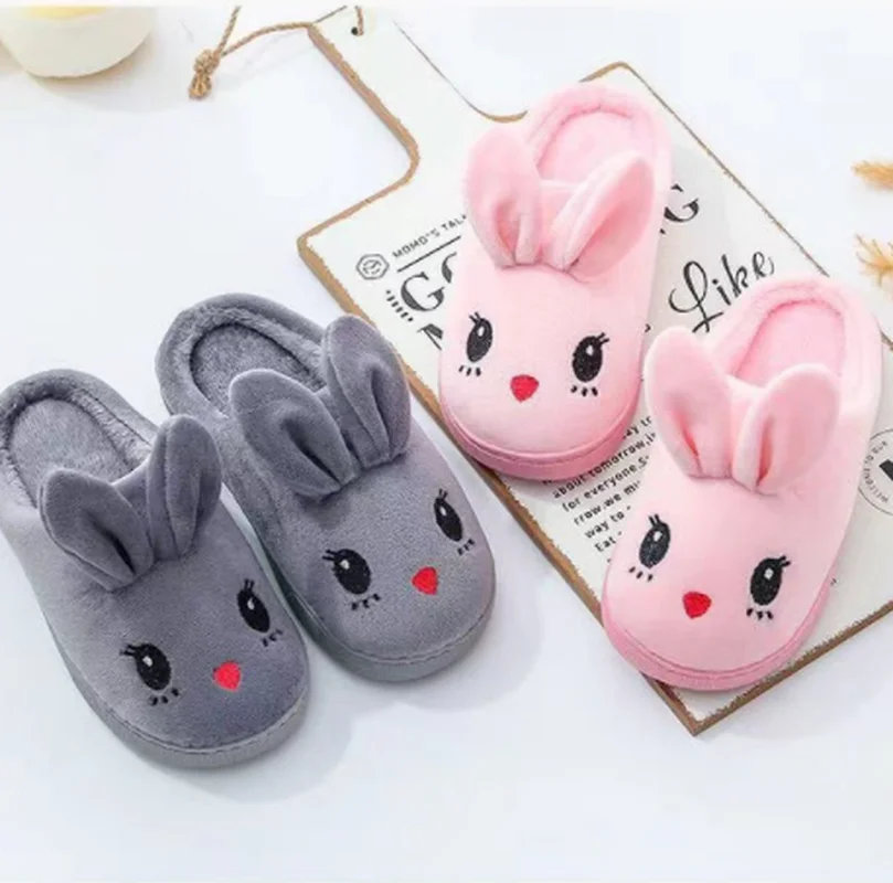 Cute Rabbit Children's Furry Slippers for Girls New Autumn and Winter Indoor Baby Fur Slippers Cartoon Home Warm Cotton Slippers