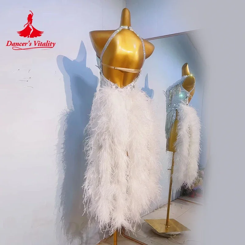 Disfraces de actuación de baile latino para mujer, vestido de borla de plumas de diamante, personalizado para personas mayores, Tango, Chacha, Samba, vestidos de competición