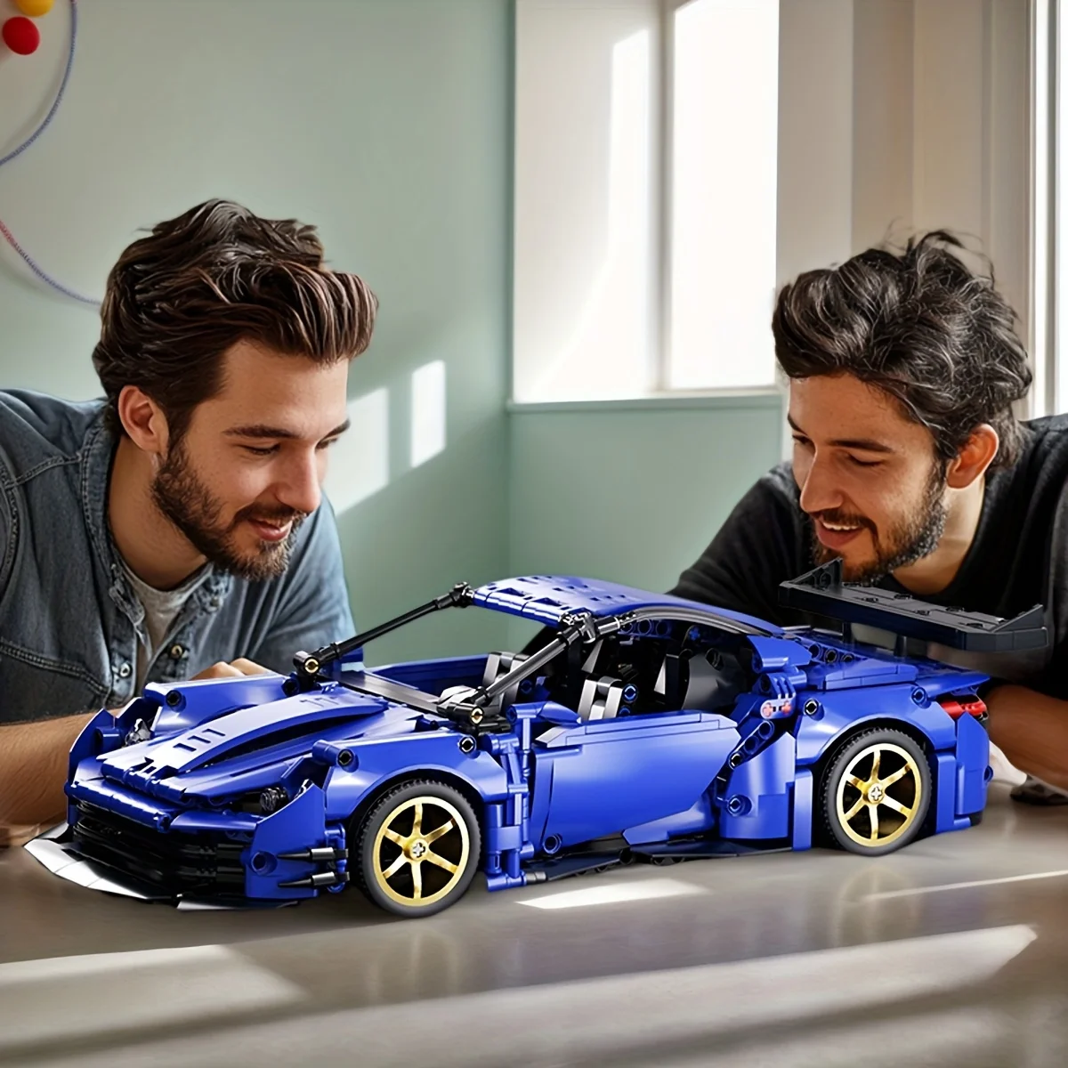 Blauwe sportwagen bouwsteenmodelset, verzamelmodel voor volwassenen, geschikt voor verjaardagscadeaus, Kerstmis, Halloween, geschenken