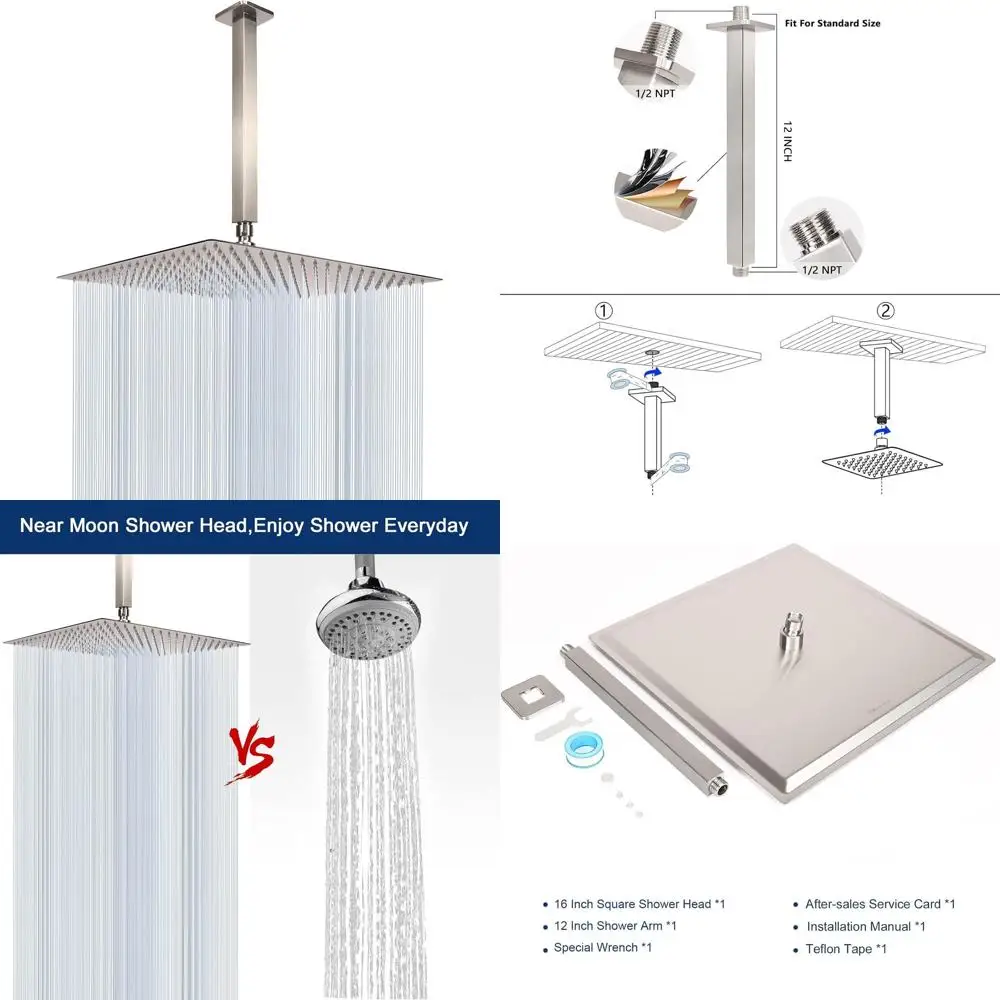 

16, матовый никель, квадратная потолочная насадка для тропического душа с душовым кронштейном для покрытия водопадом всего тела