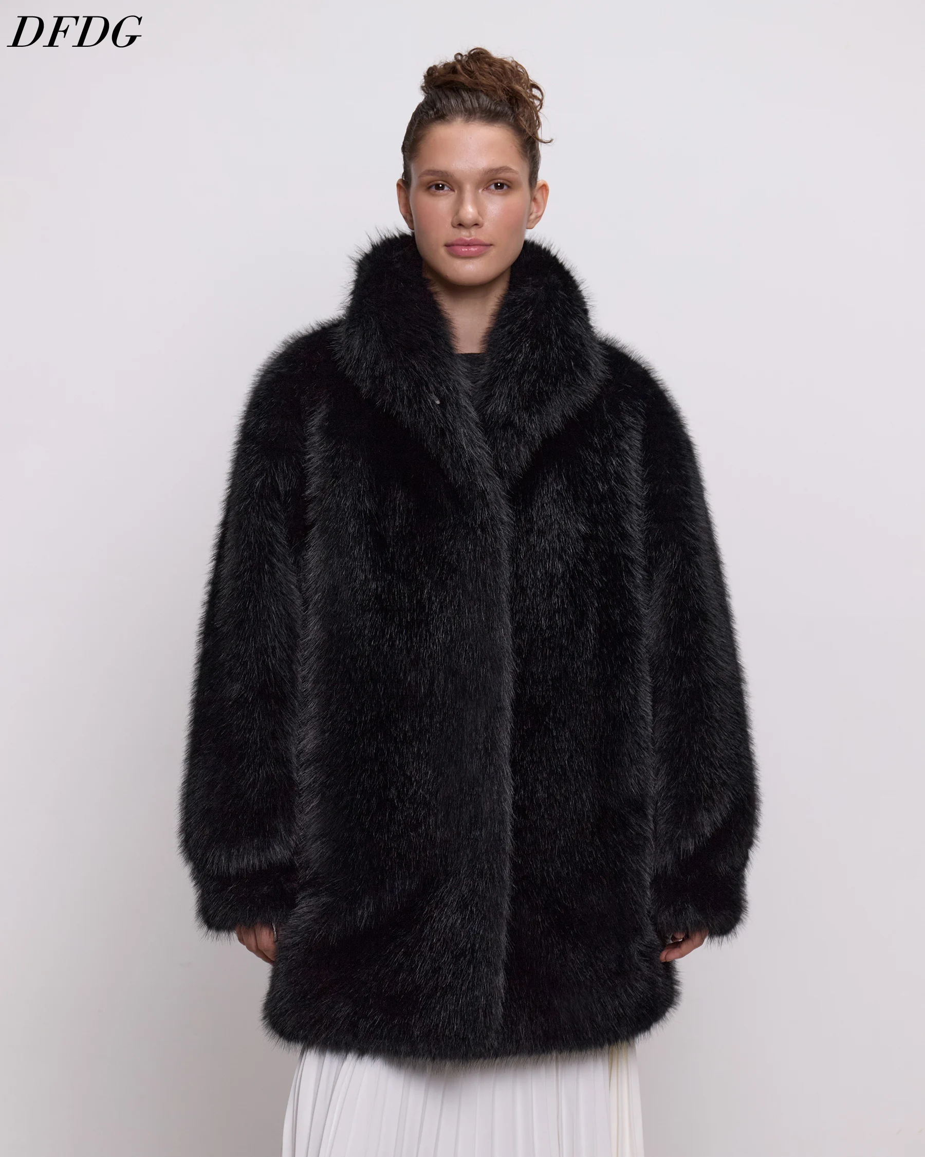 DFDG 2026 Women Wide Lapel Mid‑Length Faux Fur Coat Oversized Loose Fit Shaggy Plush Warm Jacket Fashion Winter Street Coat
