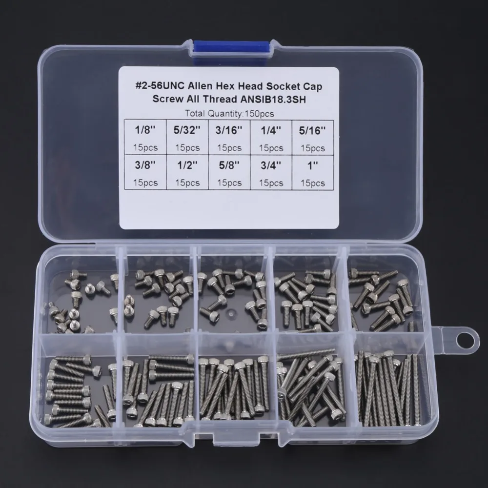150pcs #2-56 UNC Thread Socket Head Cap Screws 9 Sizes Assortment Stainless Steel Pan Head Screws Plastic Box Package