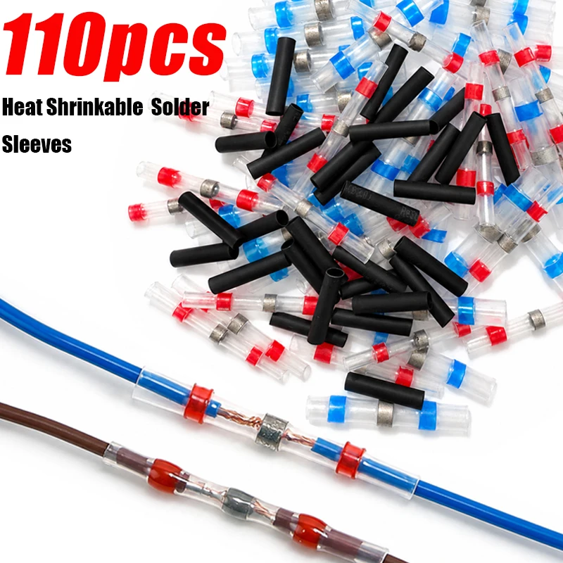 110PCS Solder Sealed Wire Connectors, Black Heated Tube, Red 22-18 AWG, Blue 16-14 AWG Heat Shrink Butt Connectors