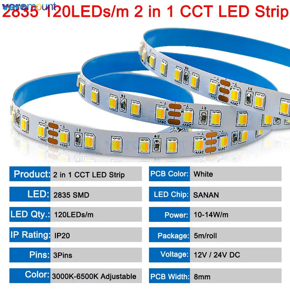 Tira de luces LED de 12V, 24V CC, SMD 2835, CCT, 120, 180 LED/m, Chip CCT Dual, blanco, Flexible, IP20, 8mm, 10mm, PCB