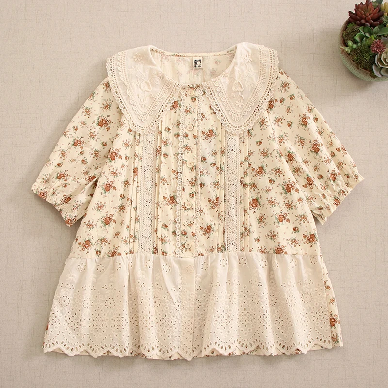 Summer Sweet Hollow Out Embroidered Floral Print Shirt Women Peter Pan Collar Short Sleeve Casual Single Breasted Blouse Tops