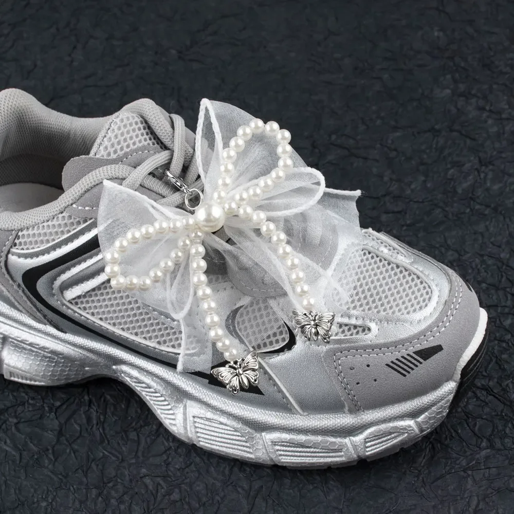 Schuhband-Charms für Sneaker, dekoratives Seidenband, Perlen-Schleife, Schuh-Accessoires, Metallanhänger, Schuhdekorationen, 2 Stück/4 Stück. – Detail 3