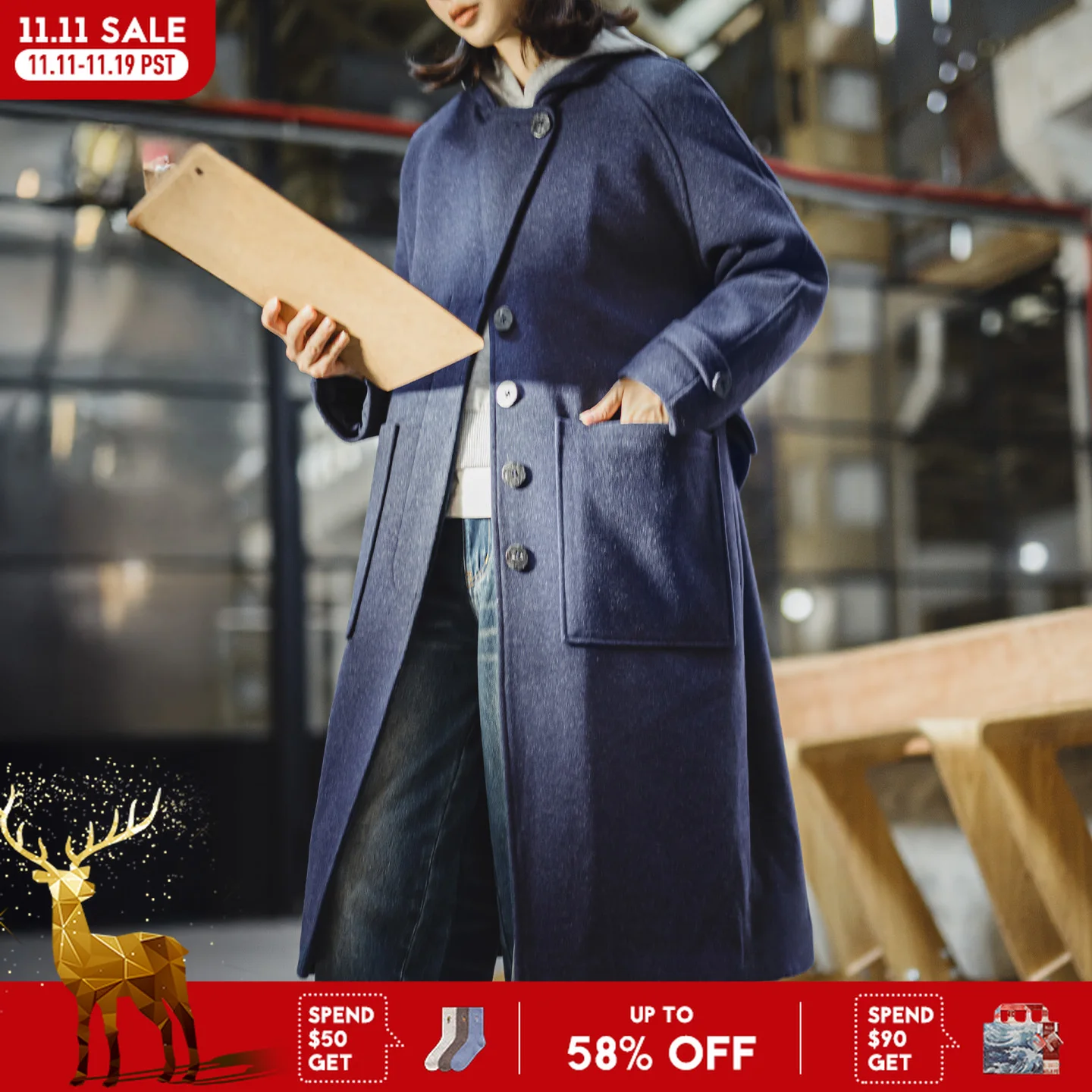 

Maden Women's Heavyweight Winter Coat Warm Windproof Felt Overcoat British Style Stand Collar Mid-Long Outerwear