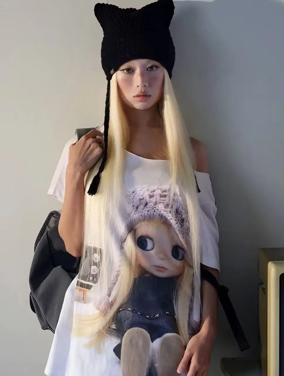 26SS Early Spring COYSEIO Collaboration Series Big Eye Doll Print Large Neckline One Shoulder Short Sleeve T-shirt