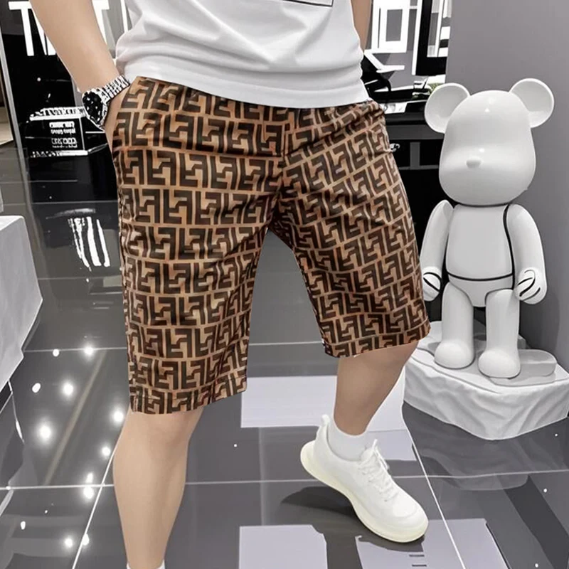 

Мужские повседневные шорты из ледяного шелка, пляжные шорты | Быстросохнущий, легкий и против морщин, модный принт с буквой F | Прохладные ощущения, ежедневный отдых, путешествие и отдых на свежем воздухе | Новинка лета 2023, шорты больших размеров