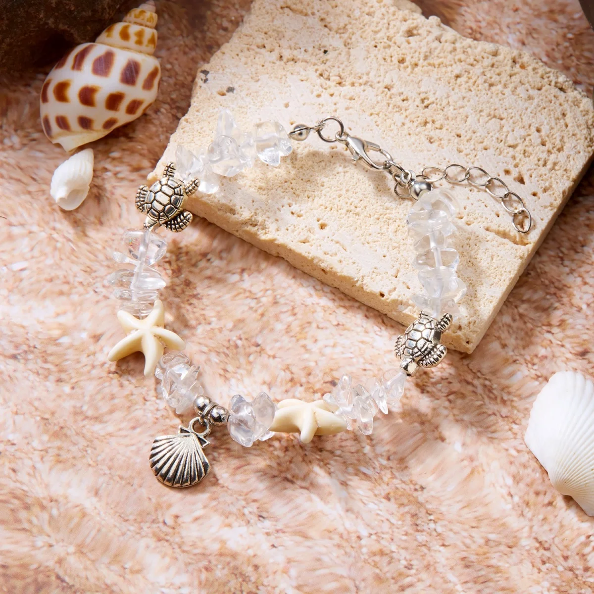 Boho-Armbänder mit zerstoßenen Steinen, Muscheln, Seesternen und Schildkröten für Damen und Herren, Sommer, Strandurlaub, Ozean, Meerestiere, Armreif, Partyschmuck – Detail 20