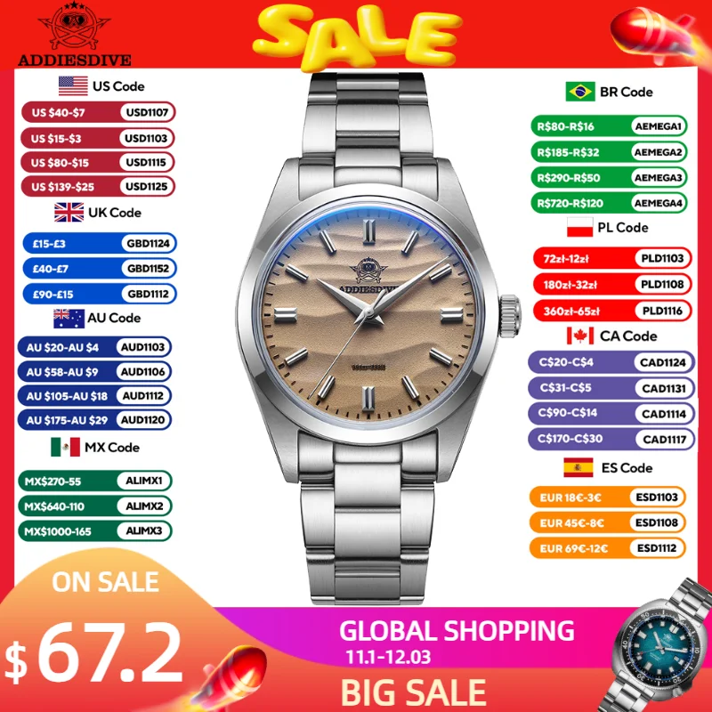 ADDIESDIVE Luxury 36mm Men Watch Sand Dial Quartz Wristwatch Top Brand Dome Glass Stainless Steel 100m Waterproof Watch AD2030
