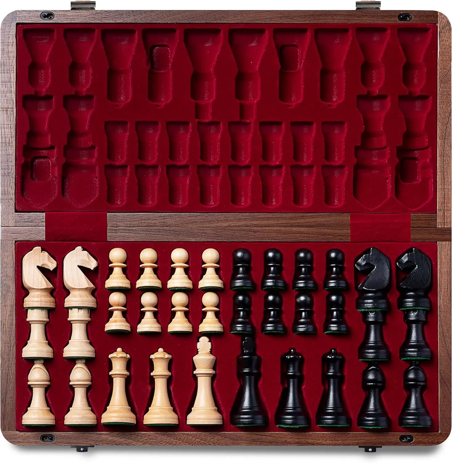 

Premium Natural Walnut Folding Chess Set, 15' Wood Board & 3' Staunton Pieces with 2 Extra Queens, Portable Travel Chess with St