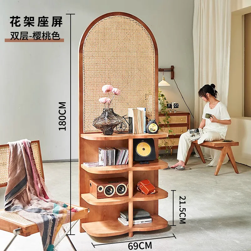 Quiet wind Nordic seat screen partition living room porch shelf bedroom door block solid wood rattan screen