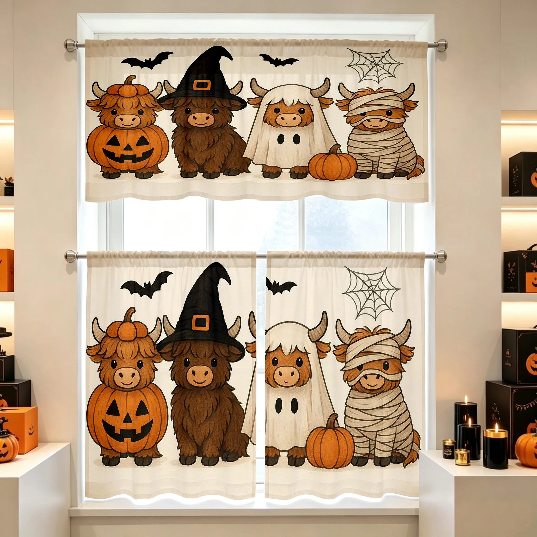 Halloween Fall Kitchen Curtains, Highland Cow Halloween, Digital Print, Kitchen Dining Room, Rod Pocket Polyester, Home Decor