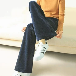 Simplicity Autumn Winter Corduroy Pants Women Solid Pockets Elastic High Waist Fashion Straight Wide Leg Ankle Length Trousers