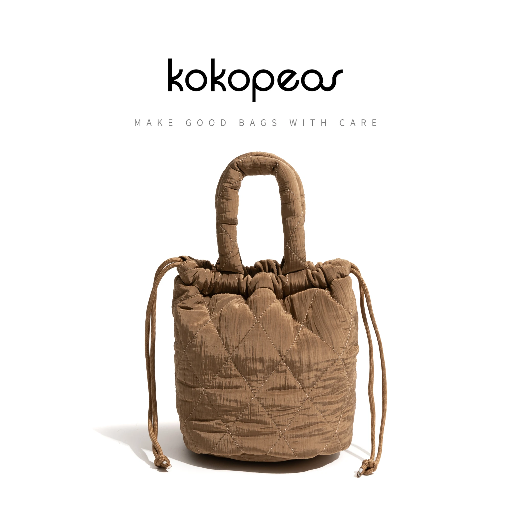 

KOKOPEAS Diamond Lattice Nylon Padded Down Bucket Handbag Drawstring Design Solid Color Women's Simple Casual Crossbody Satchel