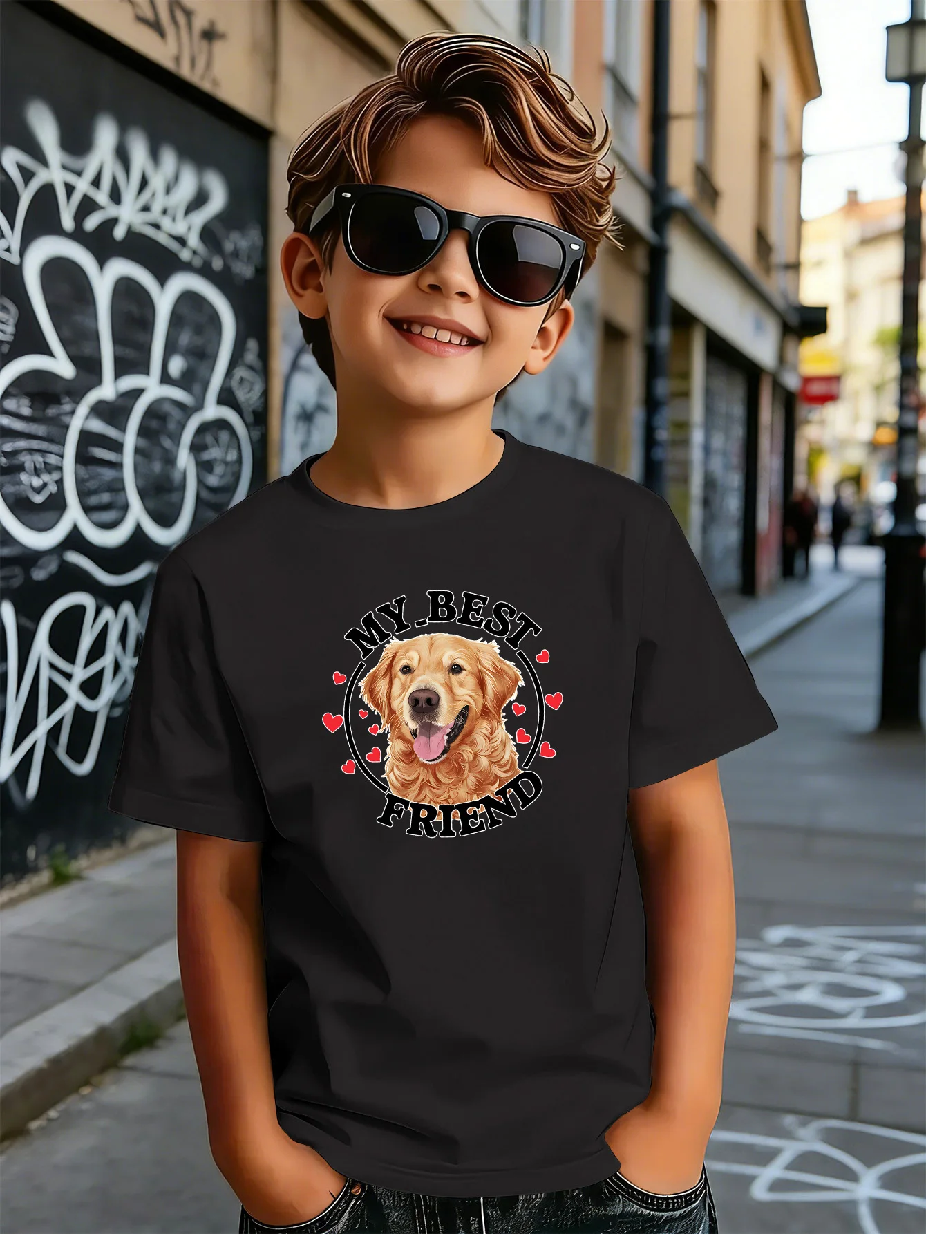 My Best Friend Golden Retriever Dog Print Kids T Shirt Boys Girls Short Sleeve Crew Neck Cotton Pet Parent Child Matching Tees