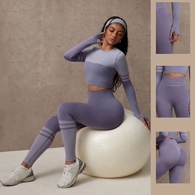Women Pilates Yoga Set 2Pcs Spring Summer Stretch Slimming Workout Clothes Suit Woman Long Sleeve Crop Tops Running Sports Suits