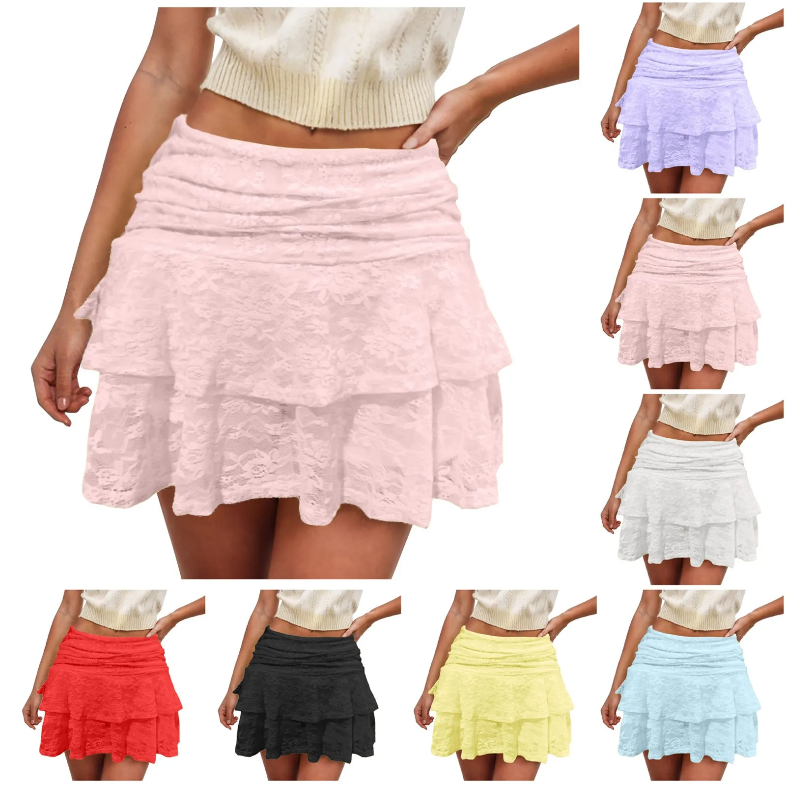 Women Lace Ruffle Skirt Sweet Girls Tiered Skirts High Waist Floral Lace Tulle Skirt Adult White Micro Boho Clothes юбка женская