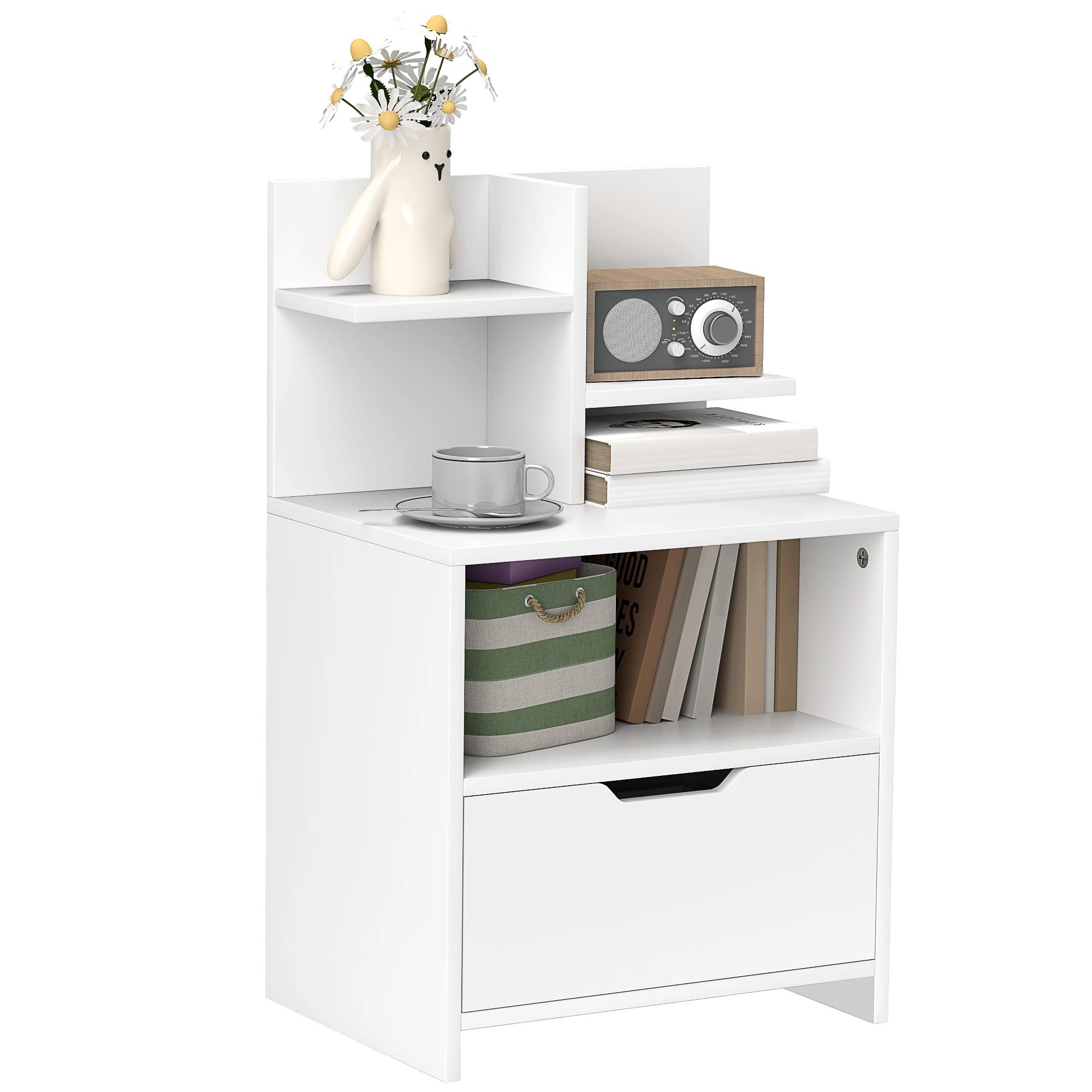 HOMCOM Mesita de Noche Moderna, Mesilla de Noche con Cajón y Estantes Pequeños y Compartimiento, Mesita Auxiliar para Dormitorio, Salón, 45x35x73 cm, Blanco