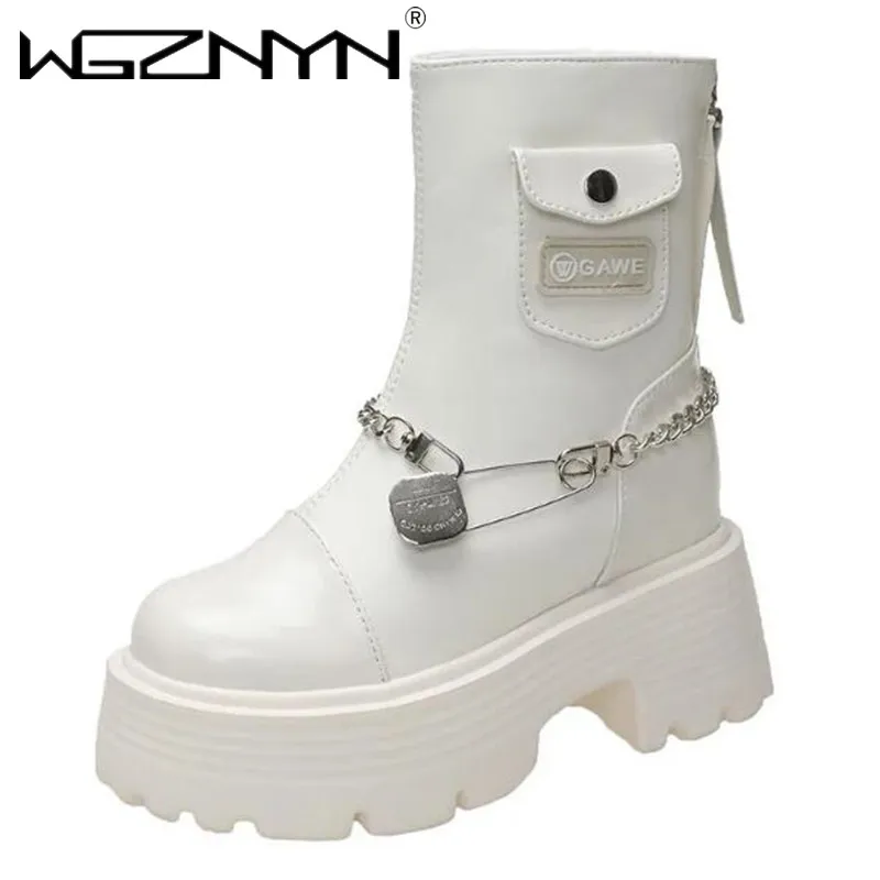 9CM Chunky High Heels Ankle Boots Women New 2024 Winter Platform Motorcycle Boots Woman Zipper Non Slip PU Leather Botas Mujer