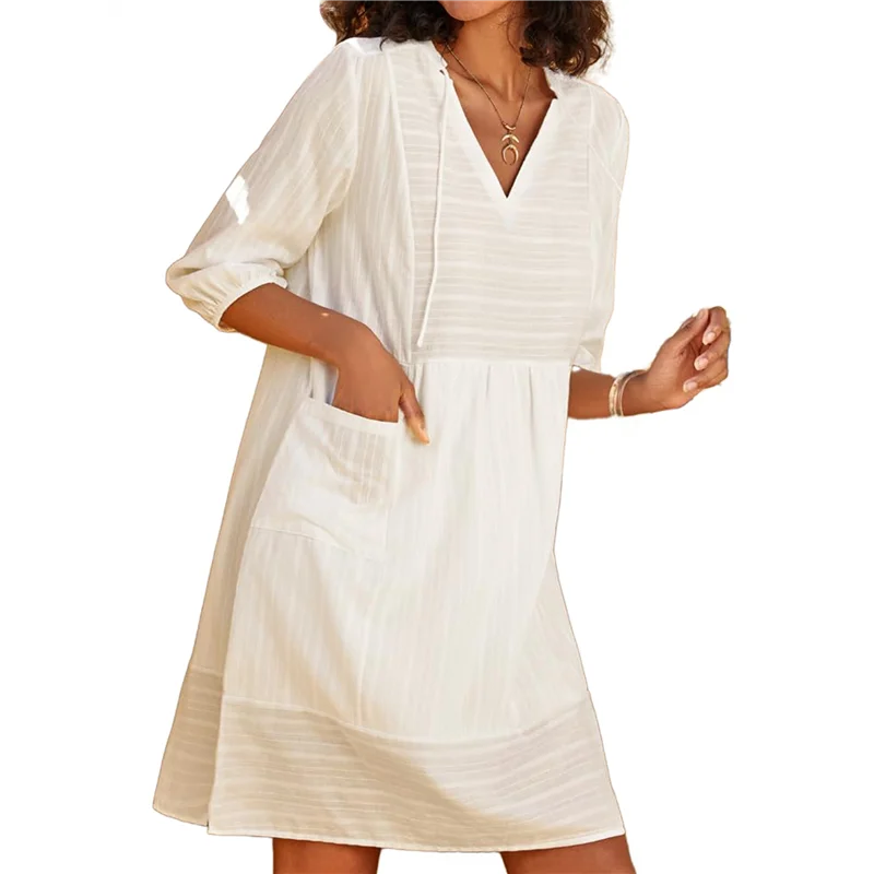 AOAO-Womens V Neck Cotton Casual Loose Shift Tunic Smock Summer Dresses Vacation Dress 3/4 Sleeve Pocket