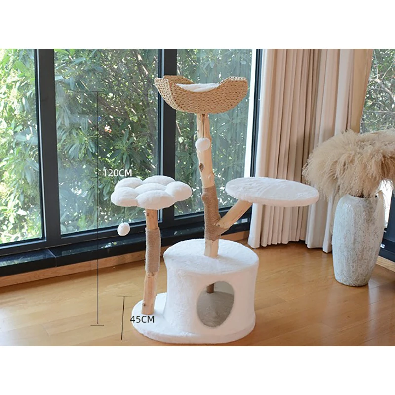 Big Solid Cat Climbing Frame Wood Cat Tree Luxury Large Cat Trees Modern White