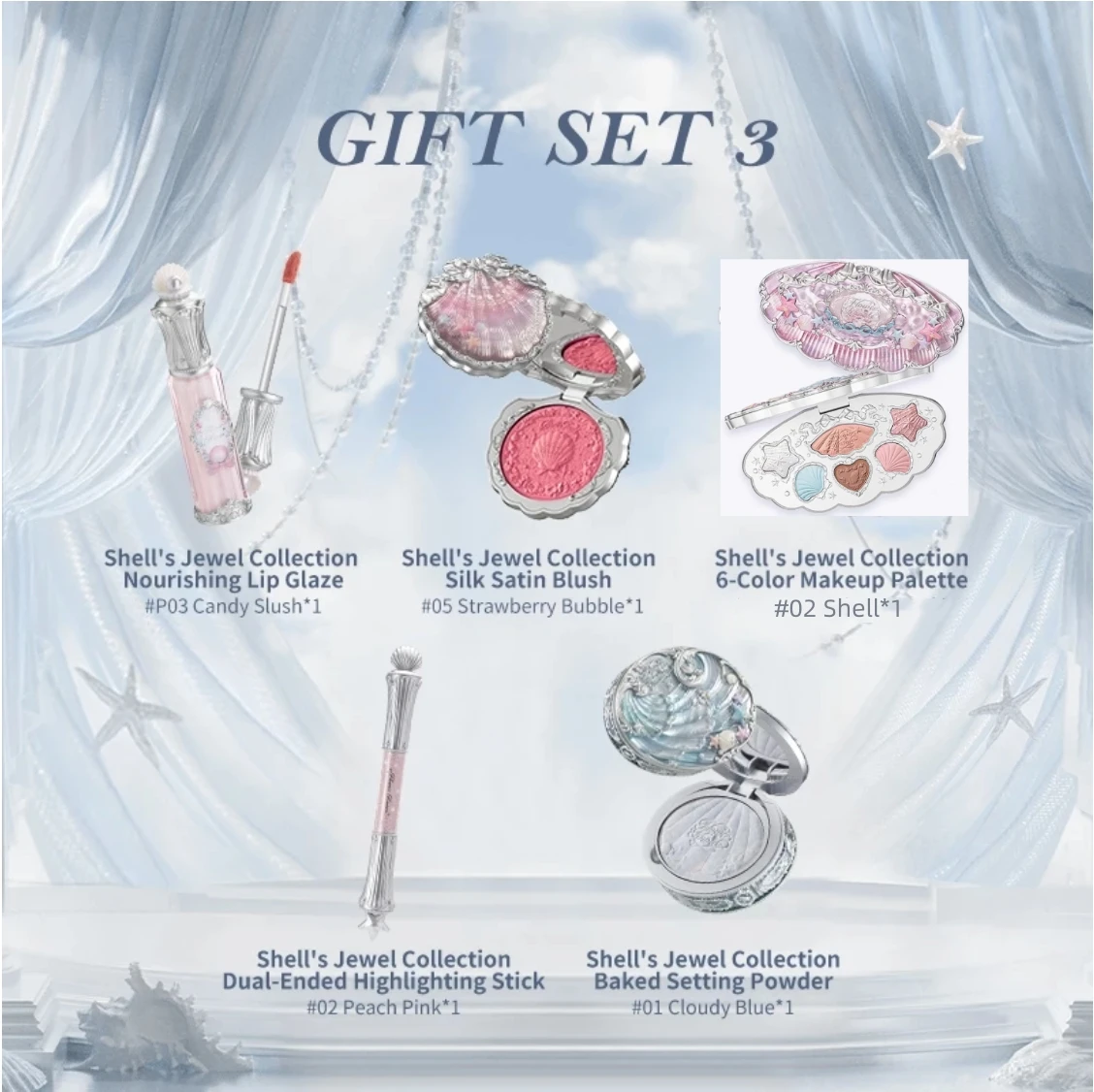 Conjunto de maquiagem 5 unidades! Flor sabe sombra blush lipgloss conchas pérola jóia coleção oceano coração maquiagem facial cosméticos originais