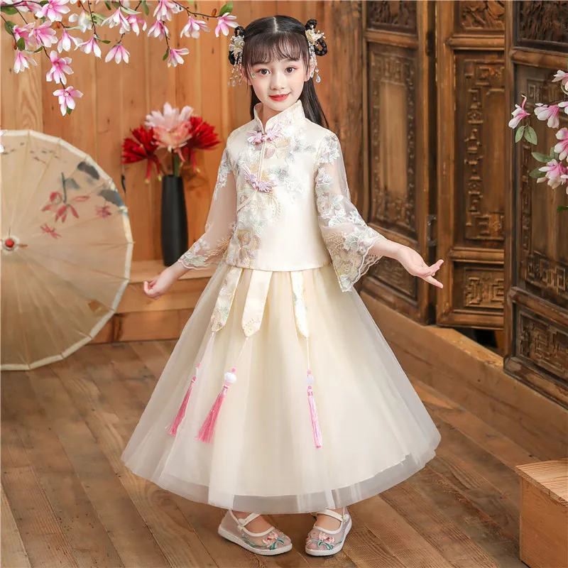 Hanfu Girls Costume Chinese Dames Kleding Vintage Clothing for Girls Floral Embroidery Hanfu Dress Kid Dancer Stage Folk Costume