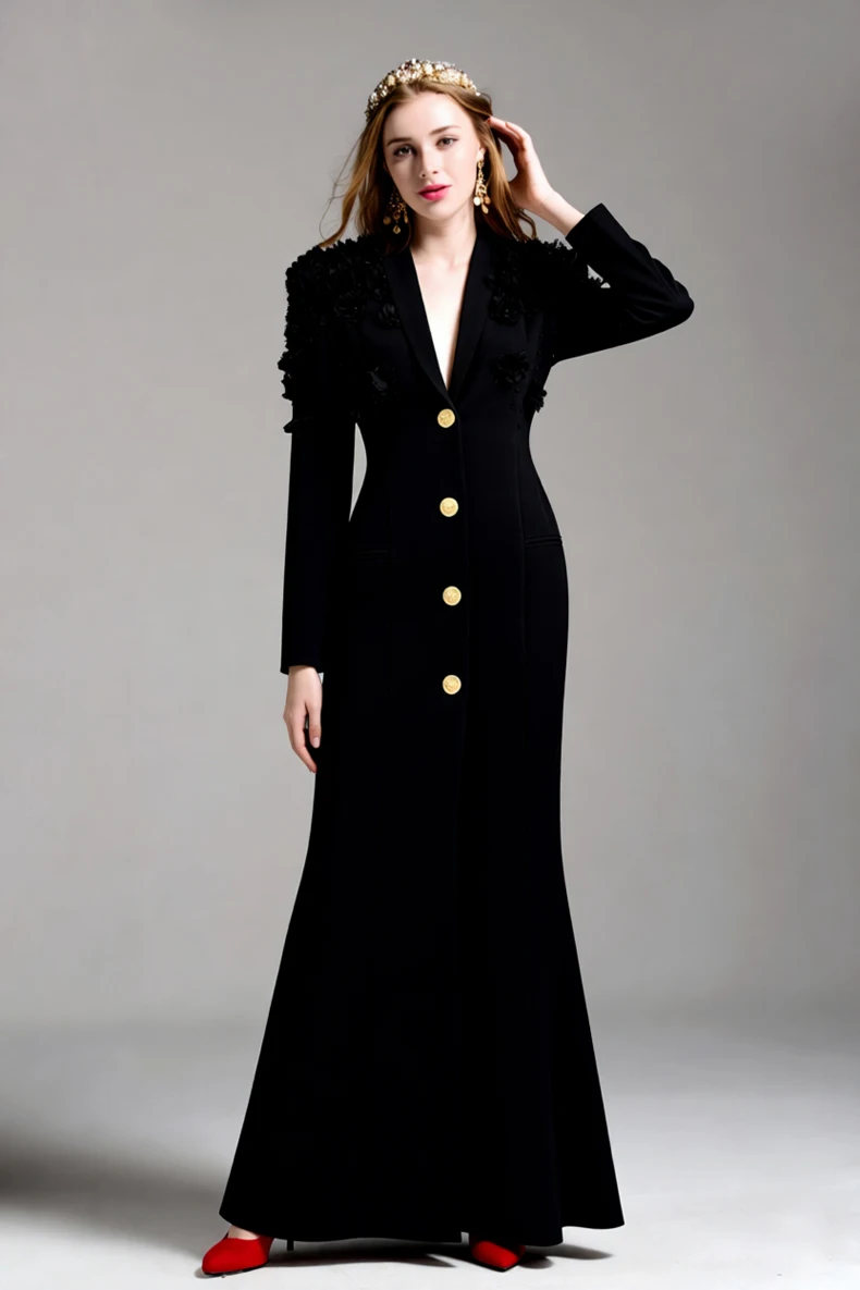 Vestido maxi feminino de manga comprida com apliques florais 3D – vestido elegante com gola xale e botões dourados para festa, casamento, evento noturno