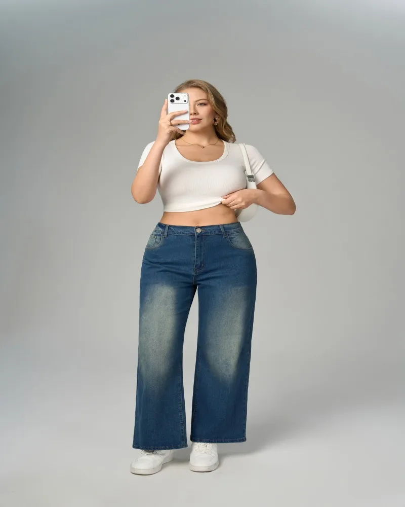 

Джинсы прямого кроя с высокой талией, свободные, повседневные, из выбеленного денима, для полных женщин