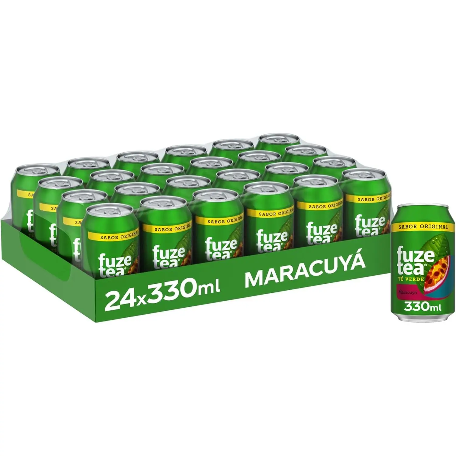 FUZE TEA Nacional Sabor Té Verde Maracuyá Bajo en calorías, Refresco de Té sin Gas - Pack de 24 Latas 330 ml Sabor AUTENTICO Garantizado