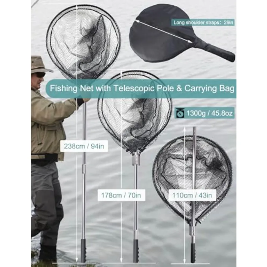 94" Telescopic Fishing Landing Net - Heavy-Duty Aluminum Handle with Non-Snag Rubber Coated Mesh, Extra Large Fishing Net for S - view 2