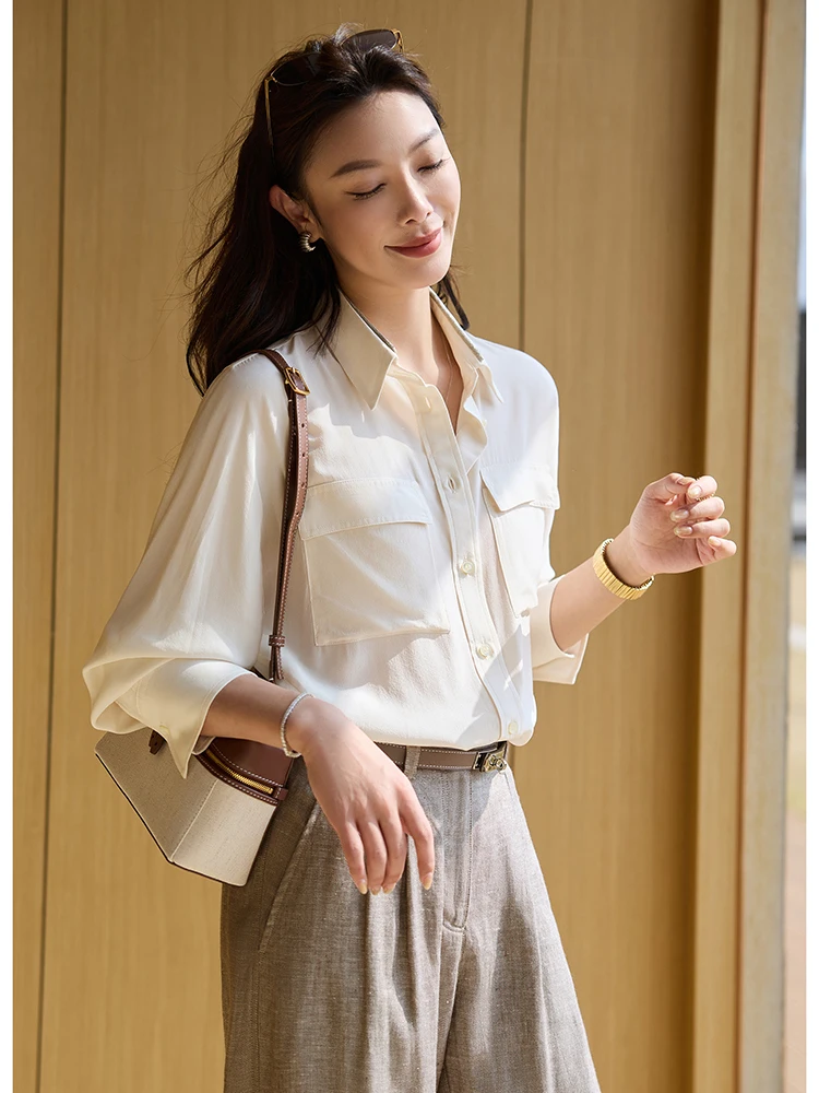 

Ele Silk irt Ningxia Clothing BC 20 Momme Double Gauze Design Sense Silk irt with Belt Double ket Design